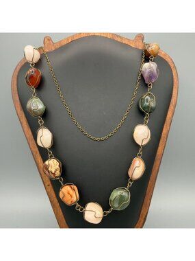 Wire Wrapped Polished Stone Beaded Necklace 36"